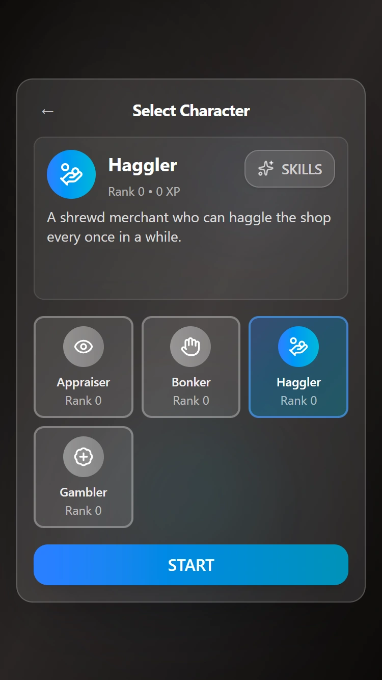The old character choice with Haggler selected.