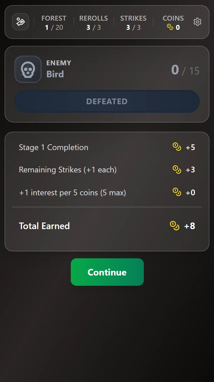 The old rewards screen listing coins earned after a fight.