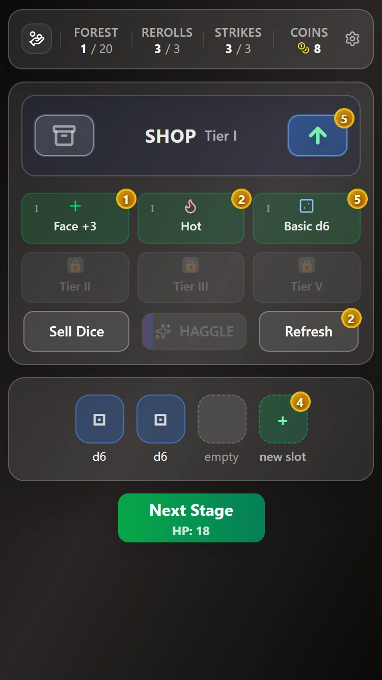 The old shop with three items and a Next Stage button.