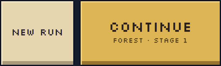 The menu with New run beside Continue, which names the run: Forest, stage 1.