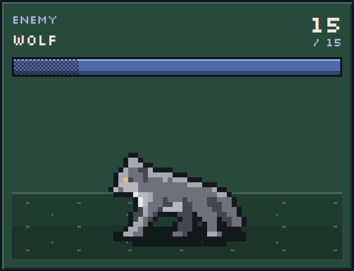 The new enemy box: Wolf, its health bar and forest floor.