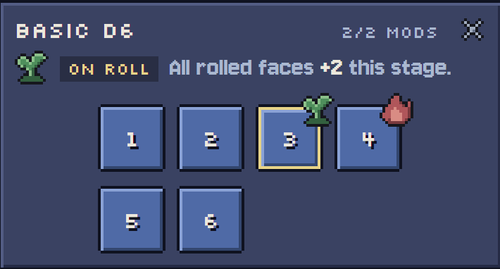 An opened die with six faces, showing Grow and Hot.