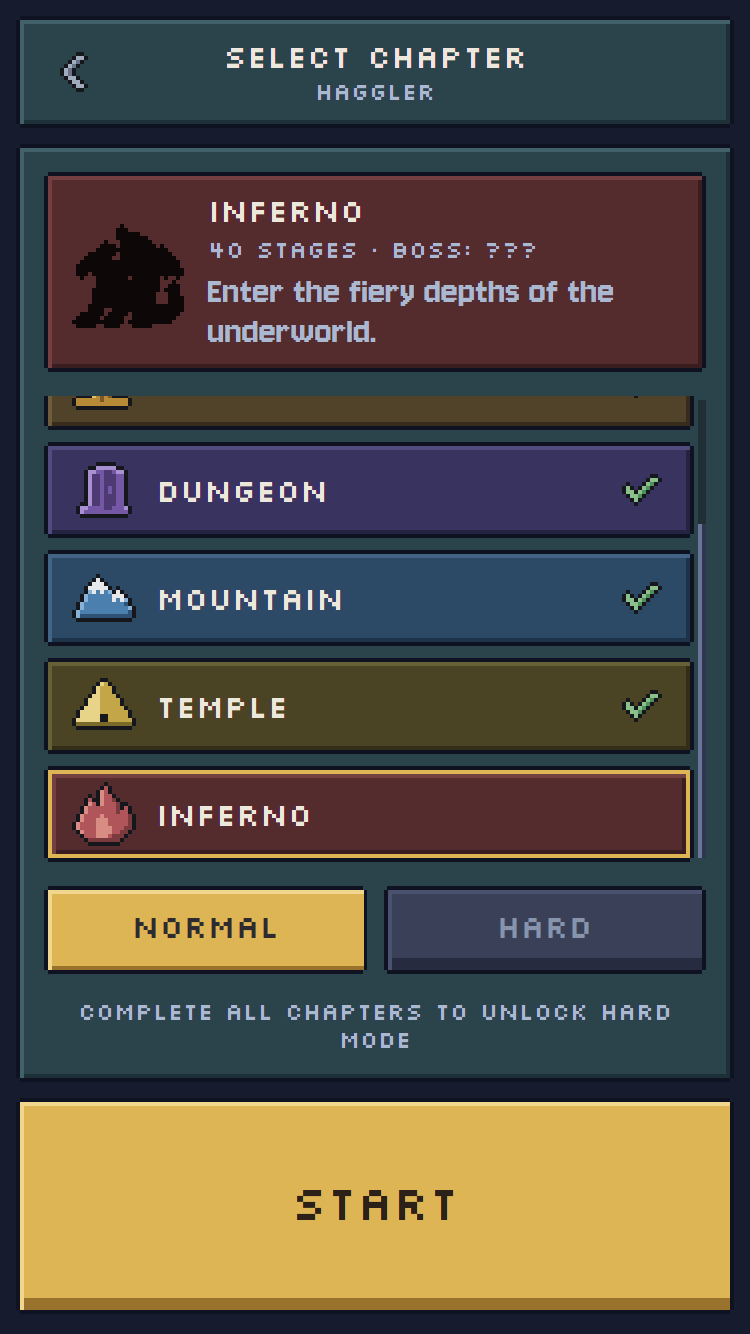 The pixel chapter choice with Inferno selected and its final boss hidden.
