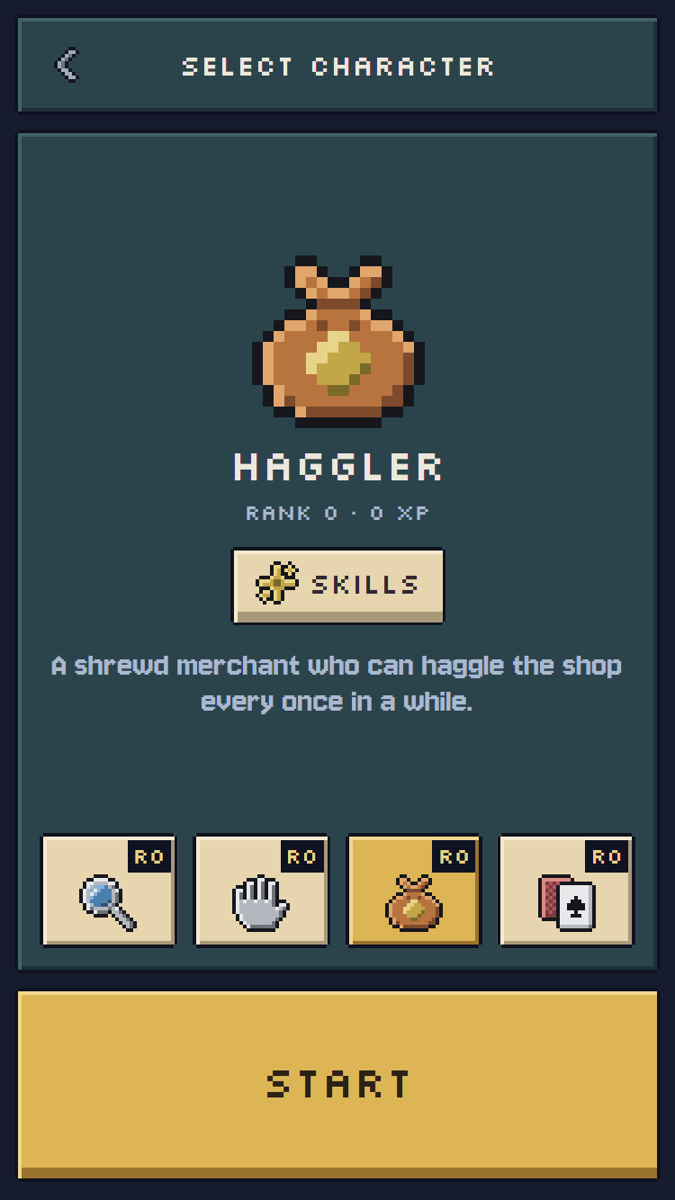 The pixel character choice with Haggler selected.