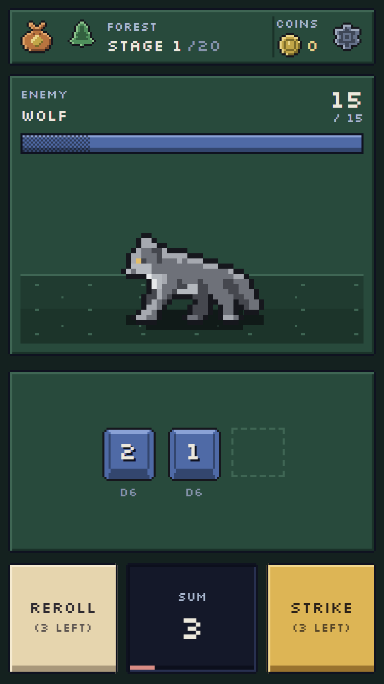 The new fight screen: a wolf on the forest floor, with dice below.