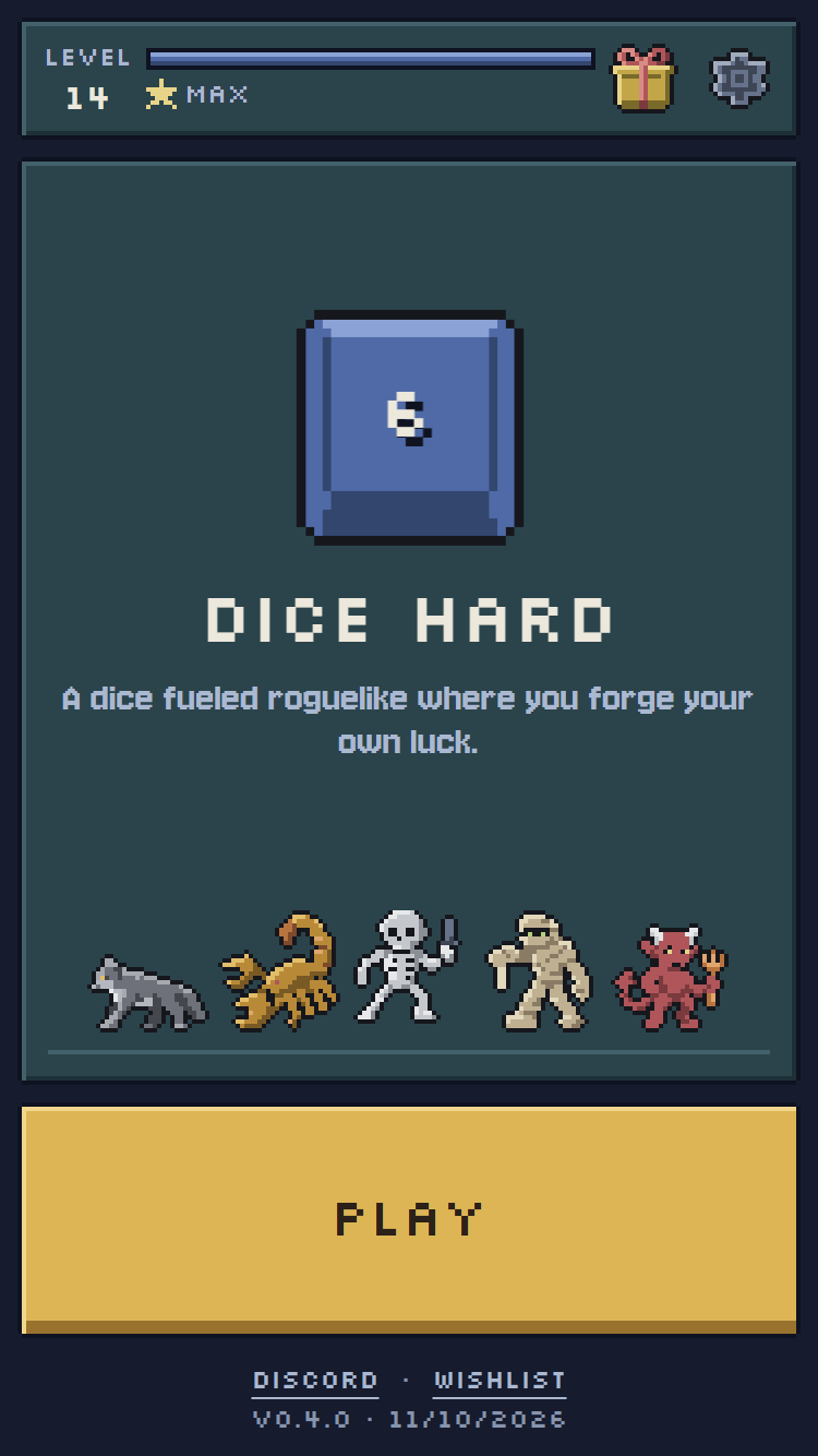 The pixel title screen: a blue die, five creatures and gold Play button.