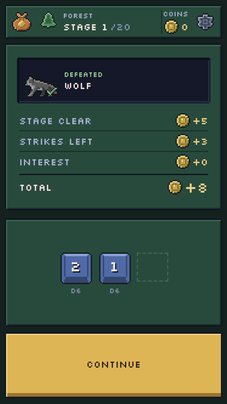 The pixel rewards screen showing earnings beside the defeated enemy.