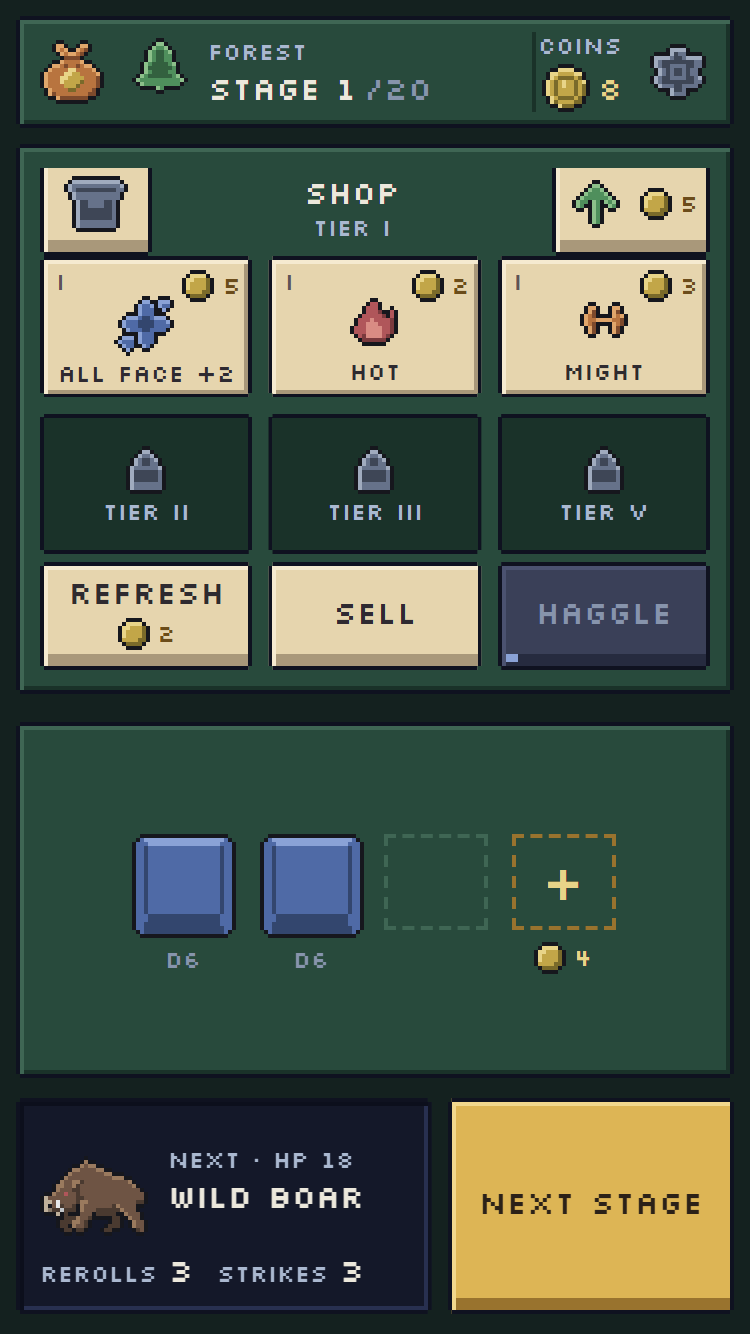 The pixel shop with illustrated items and the next enemy beside Next Stage.