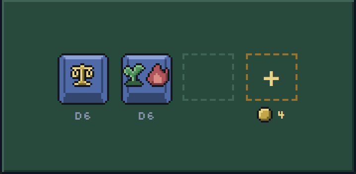 Two dice in the shop: one shows Balance, the other Grow and Hot.